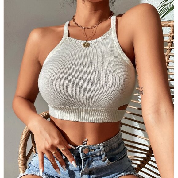 White Criss Cross Back Tie Backless Knit Crop Top | Small - Picture 3 of 4